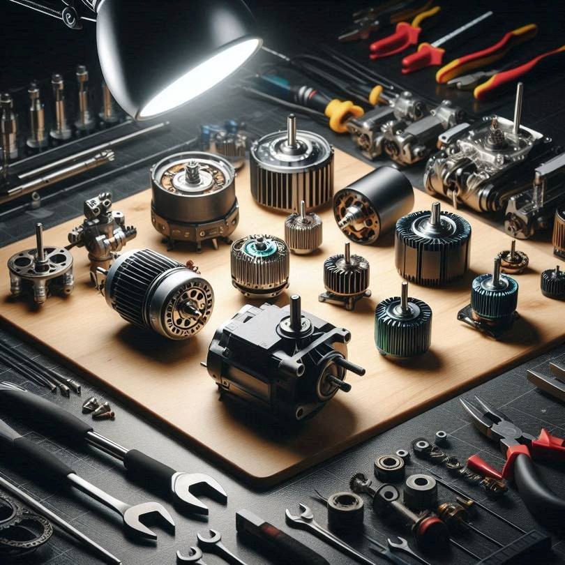Elektromotoren und Getriebemotoren in verschiedenen Ausführungen auf einer Werkbank mit Werkzeugen