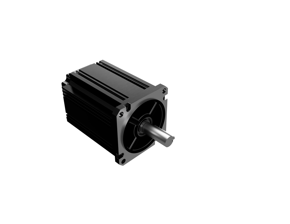 Bürstenloser Motor mit schwarzem, geripptem Aluminiumgehäuse und quadratischem Flansch