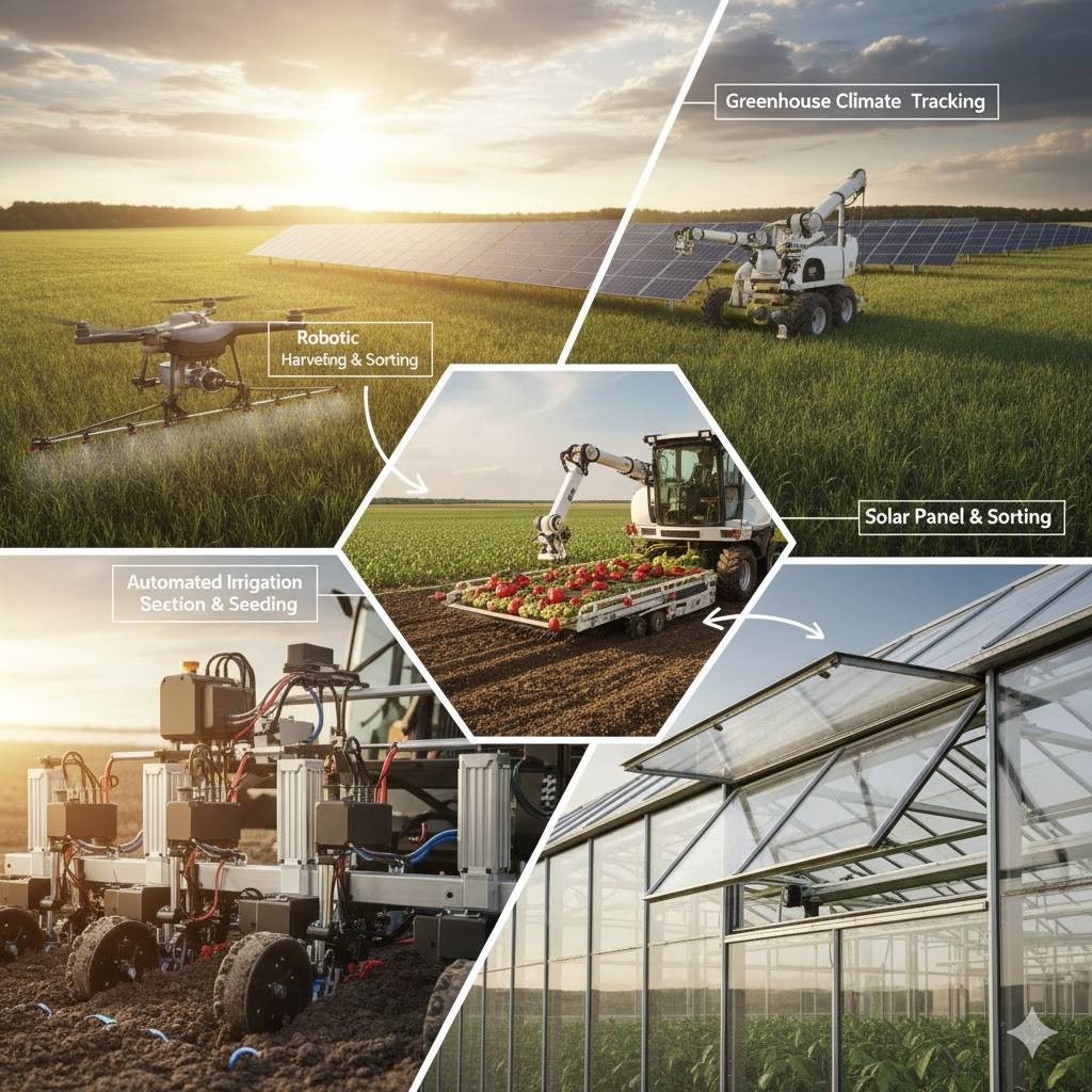 Collage der elektrifizierten Landwirtschaft: Sprühdrohne, Ernteroboter, Säroboter und Gewächshaus mit automatischen Dachfenstern