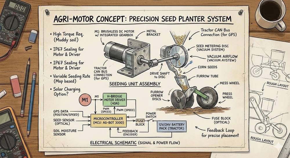Konzeptskizze einer Präzisionssämaschine mit bürstenlosem DC-Motor, der die Säscheibe antreibt