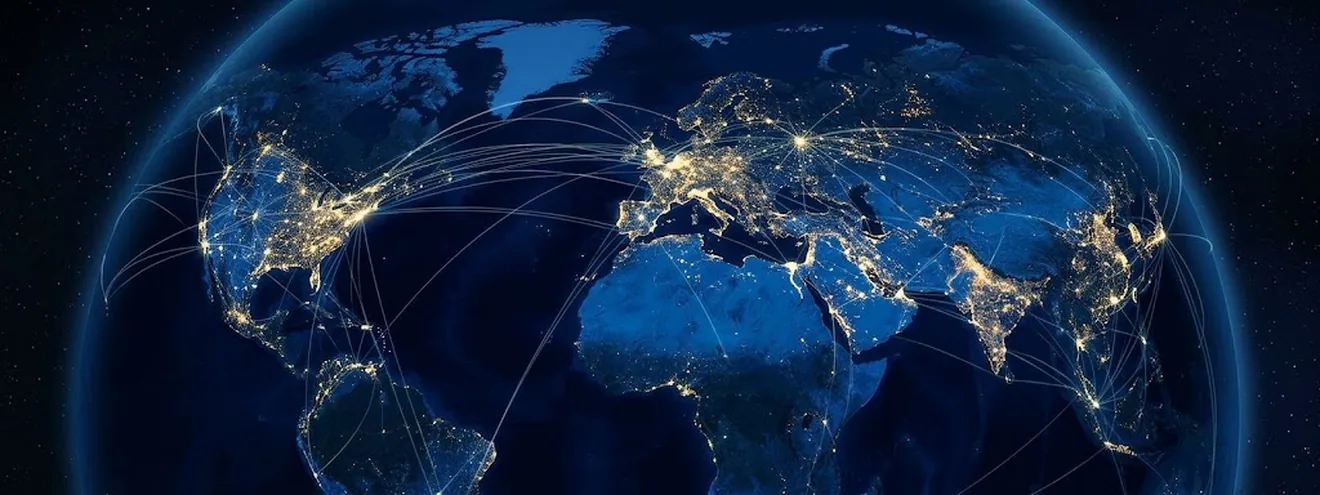 Die Erde bei Nacht mit beleuchteten Städten und globalen Verbindungen